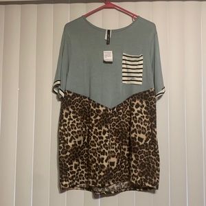 Lovely Souls women sz XL leopard/teal short sleeve blouse NWT